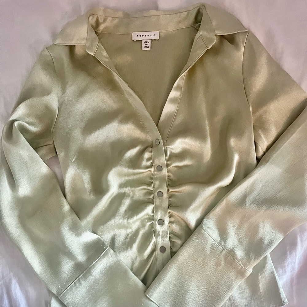 Topshop Green Ruched Notched Collar Blouse